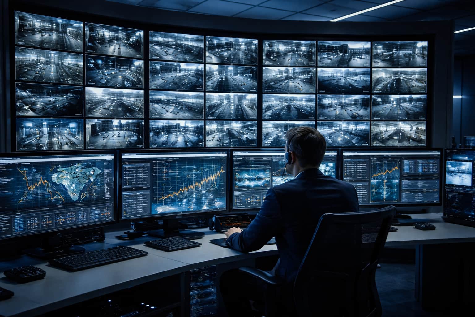 CCTV monitoring wall with multiple camera feeds in a security operations room
